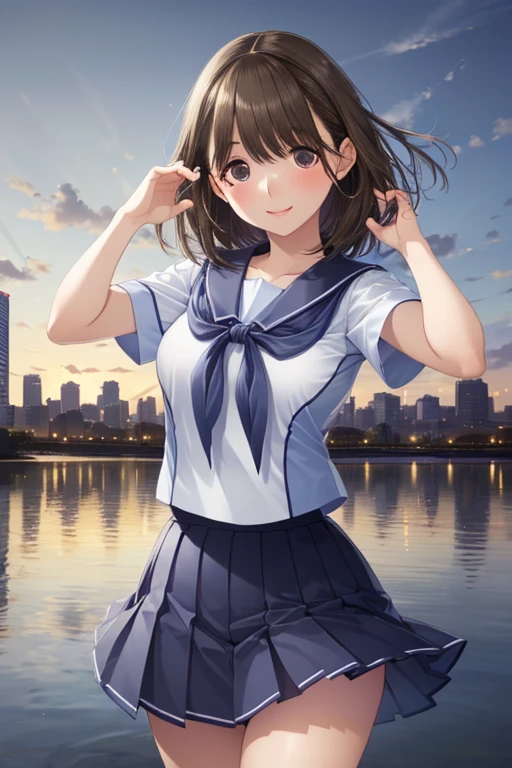 (Highest quality、In 8K、32k、masterpiece、Hmph、Very detailed:1.2)、Cowboy Shot, (A vibrant city skyline reflected in a tranquil waterfront:1.4)、Beautiful Shadows、Beautiful Face、Blurred Background、Beautiful 16 year old girl、Glowing Skin,  anegasaki nene、Shiny brown hair, short hair, (Beautiful brown eyes)、smile、Sparkling eyes, (Fine grain)、Ultra-detailed eyes、Very detailed顔, Very detailed目,Cowboy Shot、Short-sleeved white sailor suit、Navy blue mini pleated skirt、Very short mini skirt、Bare thighs、  Laughter、Raise your arms、Dynamic pose,