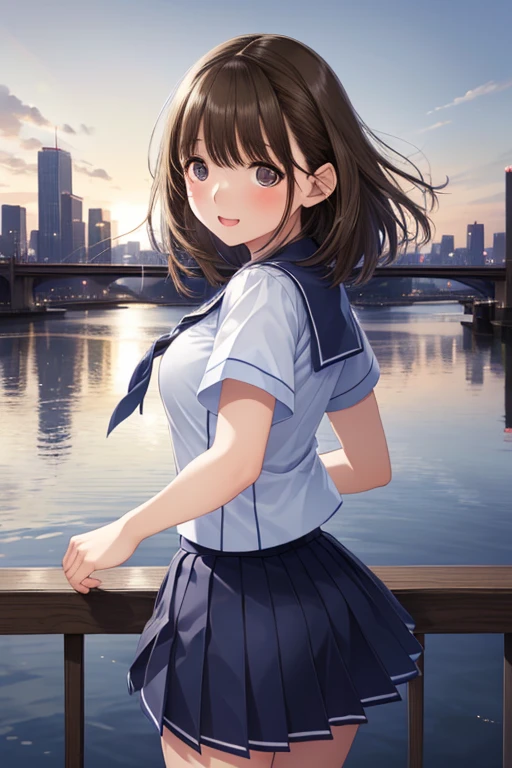 (Highest quality、In 8K、32k、masterpiece、Hmph、Very detailed:1.2)、Cowboy Shot, (A vibrant city skyline reflected in a tranquil waterfront:1.4)、Beautiful Shadows、Beautiful Face、Blurred Background、Beautiful 16 year old girl、Glowing Skin,  anegasaki nene、Shiny brown hair, short hair, (Beautiful brown eyes)、smile、Sparkling eyes, (Fine grain)、Ultra-detailed eyes、Very detailed顔, Very detailed目,Cowboy Shot、Short-sleeved white sailor suit、Navy blue mini pleated skirt、Very short mini skirt、Bare thighs、  Laughter、Raise your arms、Dynamic pose,