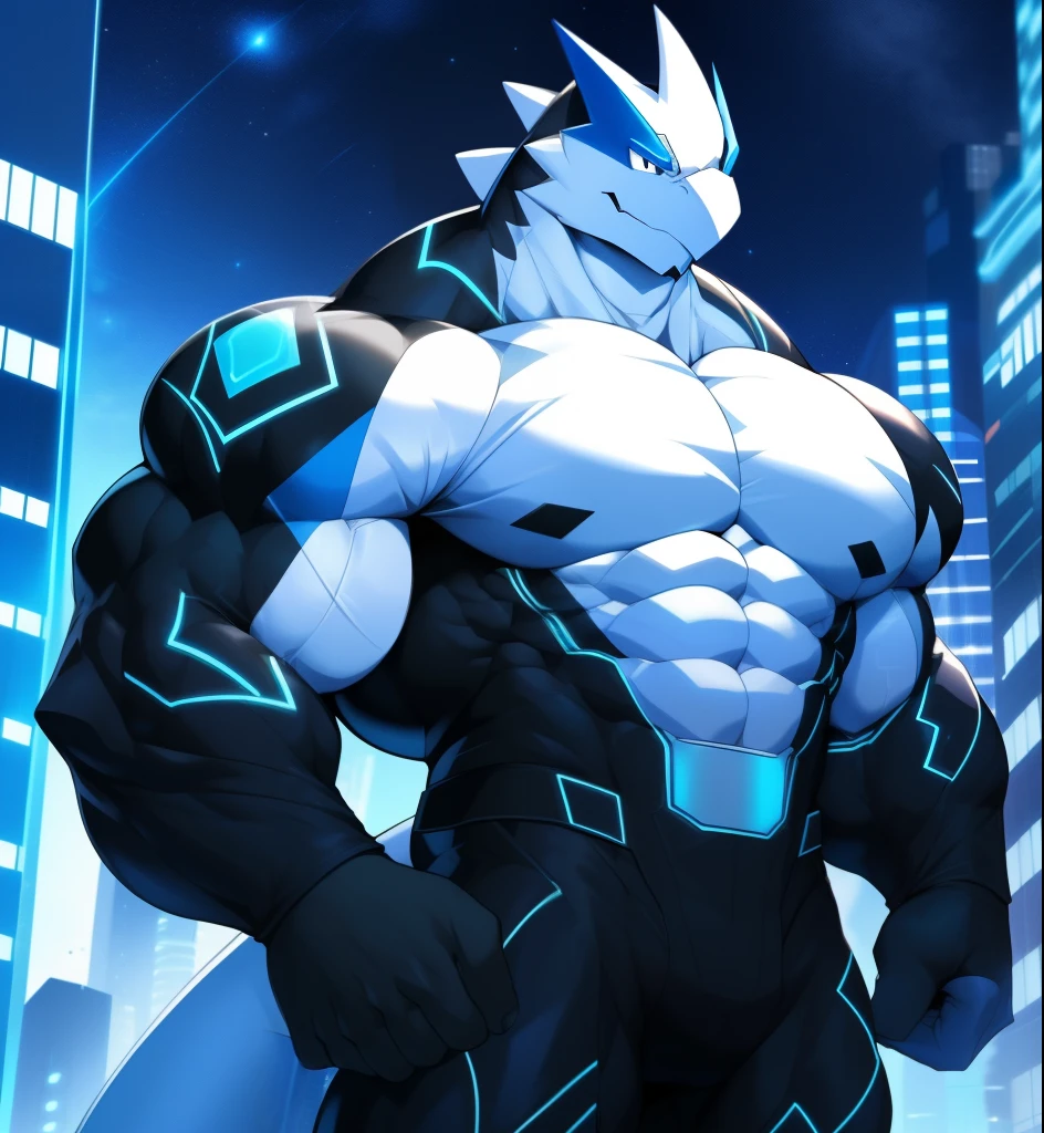 City background, skyscraper, futuristic city, night, stars, night lights, Lugia Gigachad, super hero, hero, bodysuit, massive muscles, huge pecs, chiseled abs, huge pectorals, exaggeratedly huge muscles. a furry hero whose presence inspires trust and respect. (((His hero costume is black, and white)