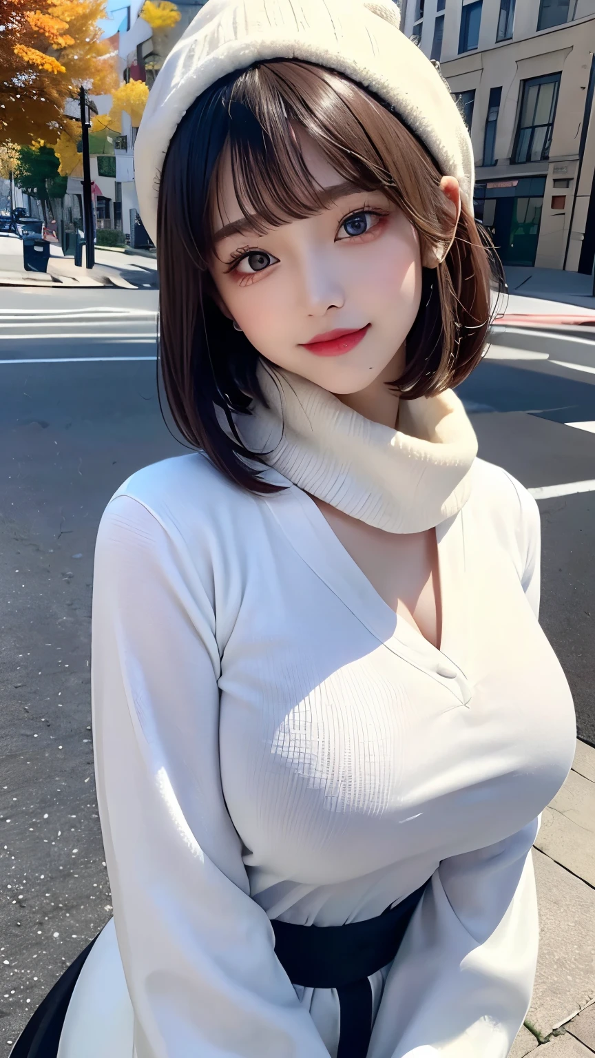 (Face Focus、Very eye focus、Head tilt、Very chest focus、underboob、mid-riff peak、hyper realisitic、Photorealistic、masutepiece:1.4, top-quality:1.4、Add intense highlights to the eyes:1.4、Glossy brunette short bob hair:1.4 ),1girl in, solo, short dark hair, scarf, Hats,, realisitic, looking at the viewers, brown eyes of light color、 coat, Winter clothes, White headscarf, s lips, Lip Gloss:1.4,bangss,a closed mouth, The upper part of the body、big eye、Lashes、((Street))、((Shorthair with bangs:1.4、big eye、Put very strong highlights in your students、{gigantic|Big|Huge|mega} breasts, cleavage、very Bigger breasts、gazing at viewer、Very beautiful beauty、Put your ears out、long neck、little smiling、Close your mouth and smile)))、Beautiful adult woman full of charm:1.4、(Autumn leaves are blue without people or cars々tree-lined street)