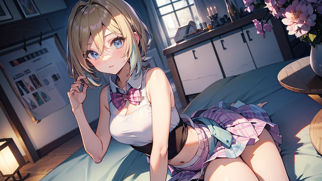 (masterpiece:1.2), Highest quality, High resolution, original, (Very detailed:1.2), Super detailed, wallpaper, Perfect lighting,(Very detailed CG:1.2), 8K, figure, 1trap, trap, Femboy, Women, alone, Embarrassing, (JK Uniform, White shirt, bow tie, {Plaid|Pleats|pink}skirt:1.24), lift the skirt, skirtliftfront, (Light blue panties:1.34), front