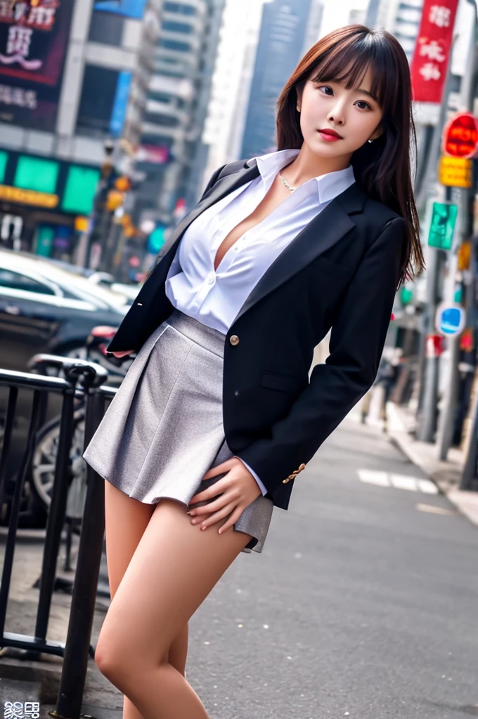 Woman in a suit standing on the sidewalk,((25-year-old woman))、small Breasts、Dark brown hair color、Hairstyle with bangs、Various hairstyles、Hairstyles of different lengths、(8k, RAW Photos, highest quality, Tabletop: 1.2),、(Realistic, Realistic: 1.3), Cityscape, Day, Sunny Morning, Professional Lighting, Photon Mapping, shirt, (Woman in a suit,) Silk Suit、Pencil Skirt、Tight Skirt、((Delicate photo))，(Detailed RAW Photos of Girls), (Tabletop:1.25), (highest quality:1.6), (超A high resolution:1.5), (Realistic:1.75), 8k resolution, Canon EOS R5, 50mm, absurdes, Ultra-detailed,Cinema Lighting, (Skirt Lift:1.4)、nsfw、the wind is strong、smile、Skirt flipped up、sexy panties