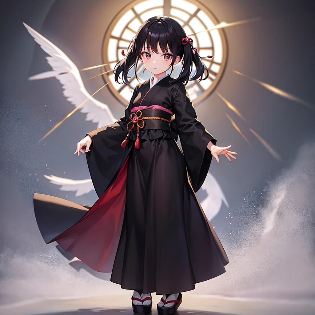 (Japanese style),one piece,Lolita Fashion,Cute little ,Tiny ,Small girl,,Childish face, Very fine clean face,Top quality,Black Hair,(Dark Room), Subtle light, Natural light,Soft lighting,Light from directly behind, (Are standing),With bust up,Front view,Black background