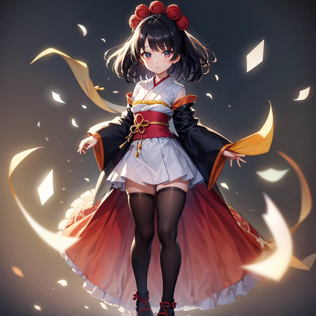 (Japanese style),one piece,Lolita Fashion,Cute little ,Tiny ,Small girl,,Childish face, Very fine clean face,Top quality,Black Hair,(Dark Room), Subtle light, Natural light,Soft lighting,Light from directly behind, (Are standing),With bust up,Front view,Black background
