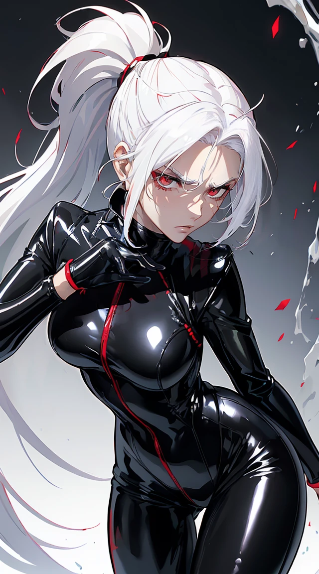 NSFW,(Highest quality, Professional, Surreal), Girl in black bodysuit with red energy lines, Silver Hair, ponytail, Red eyes, Erection under clothes, Surreal lighting, Vibrant colors, Detailed facial features, Simple Background