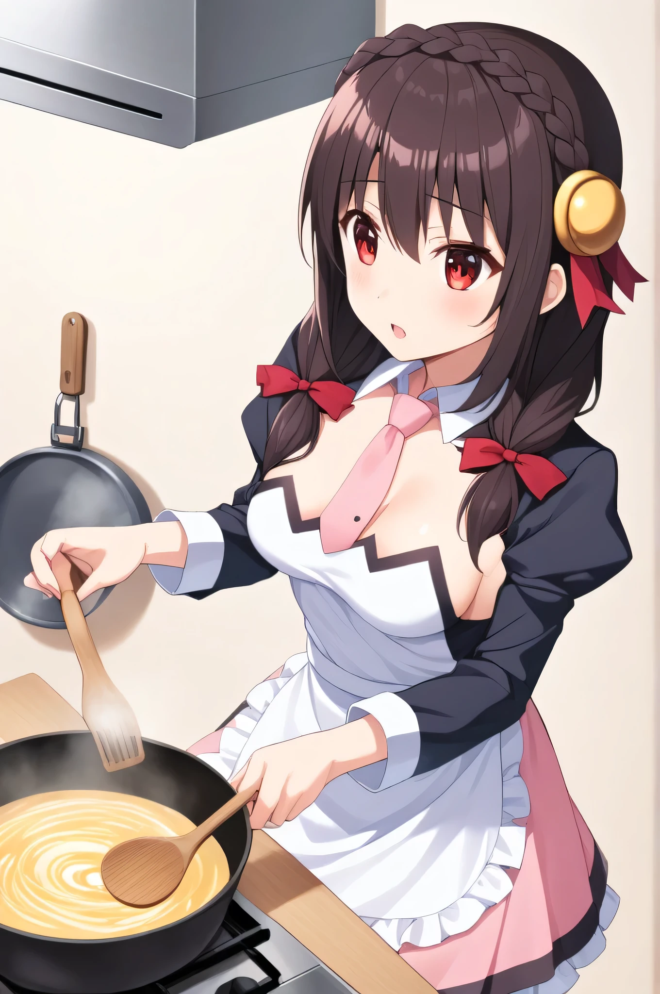 alone, One girl、Crown braids in the same color as your hair, hair ornaments, Hair Ribbon, Pink tie, Black long sleeve, Pink Skirt, Knee socks, Cleavage、Black Hair、Red Eyes、Slightly larger breasts、Cooking with Daito、White apron