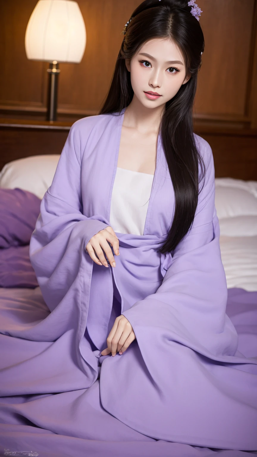 (8k、RAW Photos、Highest quality、masterpiece:1.2)、((Purple Lingerie、pubic hair、smile、Night view:1.3))、(Realistic、Realistic)、((Very flat chest、Are thin、Bathrobes:1.2))、1 girl、((morning、sunlight、 Hotel Bedroom、bed、Lie、ear))