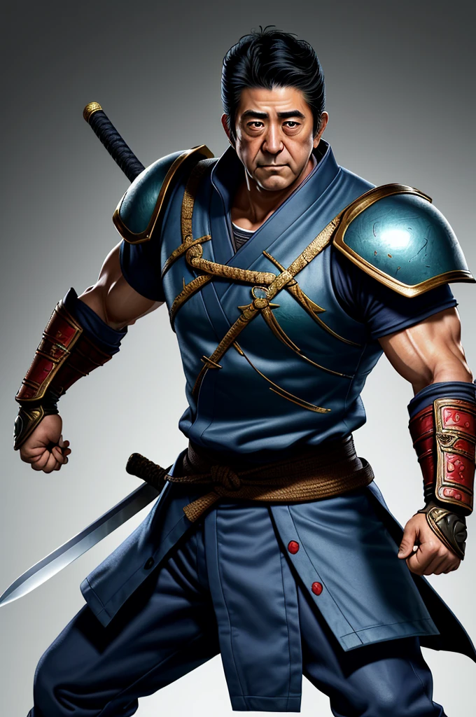 Highest quality，High resolution，((Shinzo Abe)) ，Kenshiro，Fist of the North Star，samurai，One person，warrior，armor，（dark blue_coat），male，One personで，Middle Age，（face_Wrinkles），Swordsman，strongest，Anime Style，(Limbs)，(Full Finger)，(Accurate fingertips), (The finer details), (Super detailed)，(Japanese sword:)，4K，(high resolution)，whole body, (Front angle), Looking at the camera,masterpiece，(Subtle details)，(Intricate details)，Octane Rendering，(Hyper Detail)，