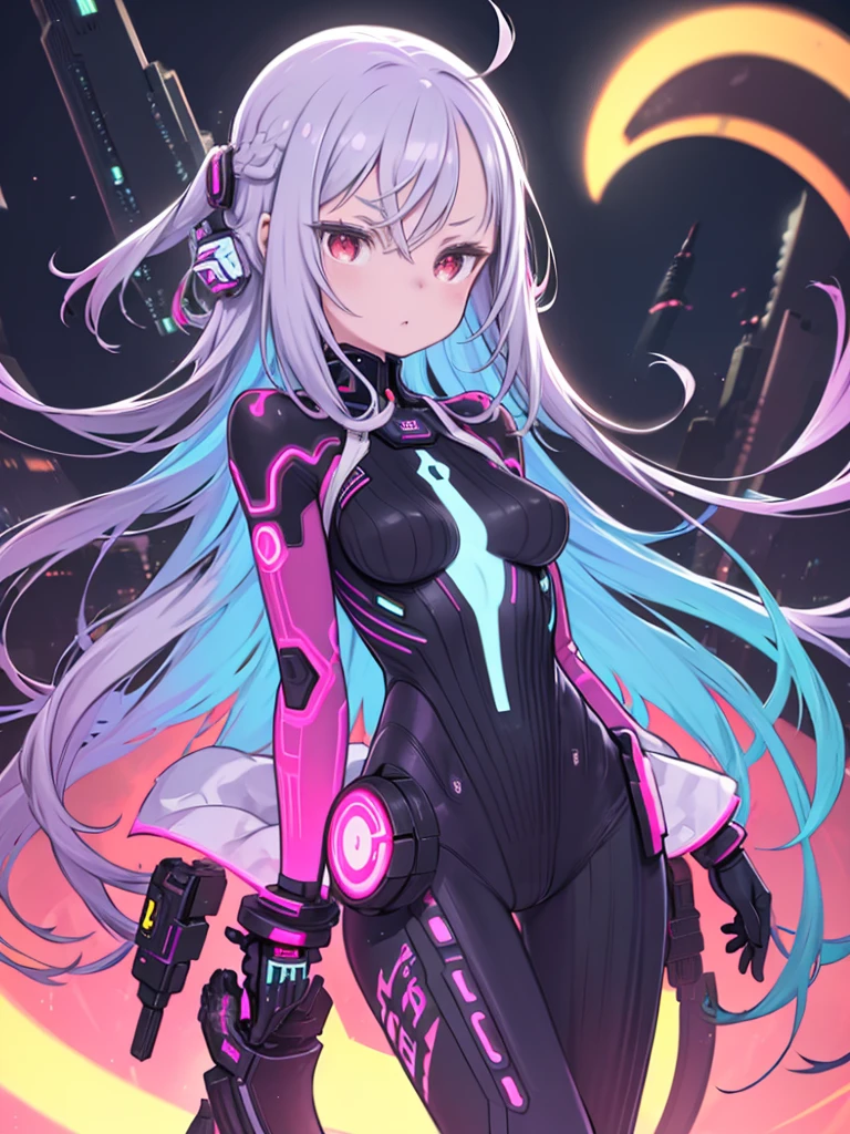 (software), Intricate details, 1 Girl, night, (Bright neon colors), ((Flying through a futuristic cyberpunk city)), Detailed Background, (Petite cyborg girl, ((Cute perfect face, Bright red eyes)), (Perfect Anatomy, Firm breasts), (Orange and white gradient super long hair, Hair blowing in the wind)), Ribbed bodysuit with impossible details, Pauldrons, Cybernetic limbs, Dynamic Angle,