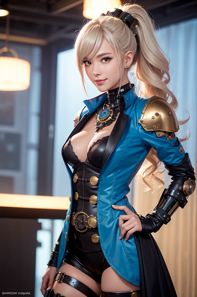 Woman portrait、Highest quality、Rear view、8K,Detailed face, clear, Fine skin、Clear, beautiful eyes、whole body、(Curly Hair)、My hair was messed up by the wind、The beauty of a smile、(Glamorous Muscle、tall),(Hip_superior, Hip superior), Mature Woman,( Watching the audience),Realistic, High resolution, Soft Light,1 female, alone, Hipアップ, Glowing Skin, (Detailed face), Sexy smile, Perfect Style, Perfect balance,Platinum gold hair,ponytail,Naughty look,((Steampunk Pirates costume)),(Blue Mecha,ta fashion,, High-tech Mecha,Beautiful steampunk cyborg woman,Steampunk Mecha Cyborg Girl,Blue steampunk blue and white jacket,hair ornaments,wrist cuffs,High leg),((arms behind back)),(bokeh),(studio lighting)