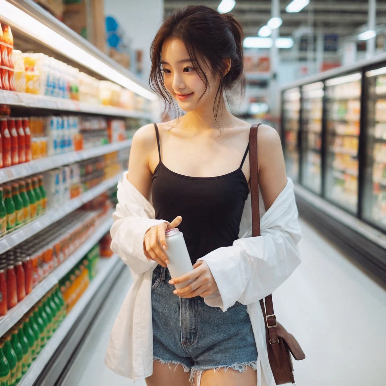 A young korean woman standing at supermarket. Pair a black tank top with an oversized white shirt as outerwear and denim shorts, Medium Chest Size, Pose as if you are choosing a drink, accessorized with a small shoulder bag. cheerful and relaxed atmosphere of the scene. dont look at camera, realistis photo