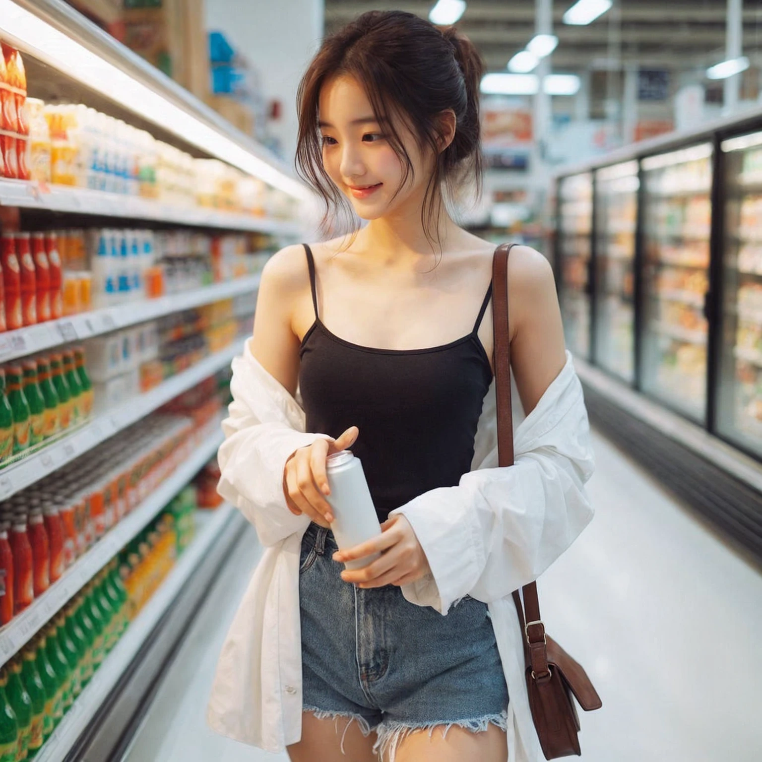 A young korean woman standing at supermarket. Pair a black tank top with an oversized white shirt as outerwear and denim shorts, Medium Chest Size, Pose as if you are choosing a drink, accessorized with a small shoulder bag. cheerful and relaxed atmosphere of the scene. dont look at camera, realistis photo