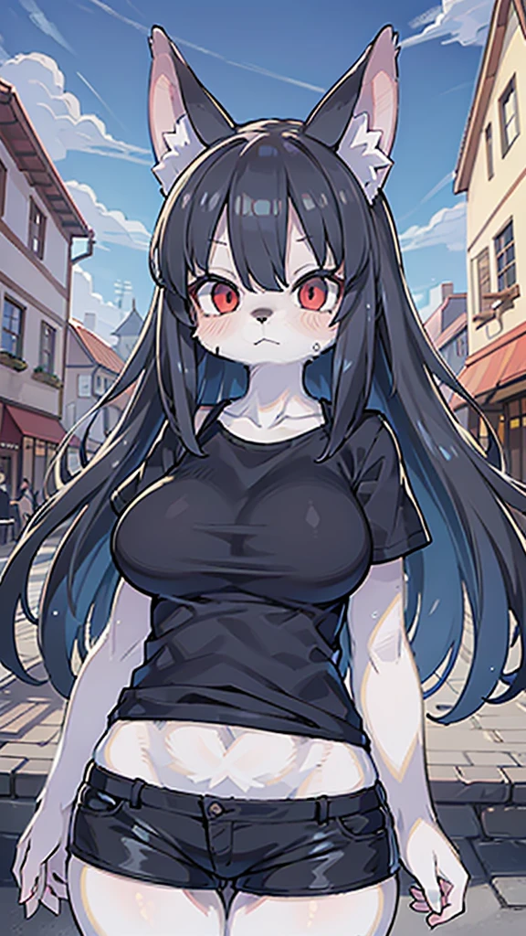 (masterpiece, Highest quality), Intricate details, 8K, Wolf Girl, whole body, (1 person), Red eyes, Big Breasts, Slim figure, furry, Long Hair, anime, expensive, Black Hair, Black T-shirt, Black shorts, Town, 10th Generation, The wind is blowing, Hair is flowing, Expressionless, Upper Body, noon,