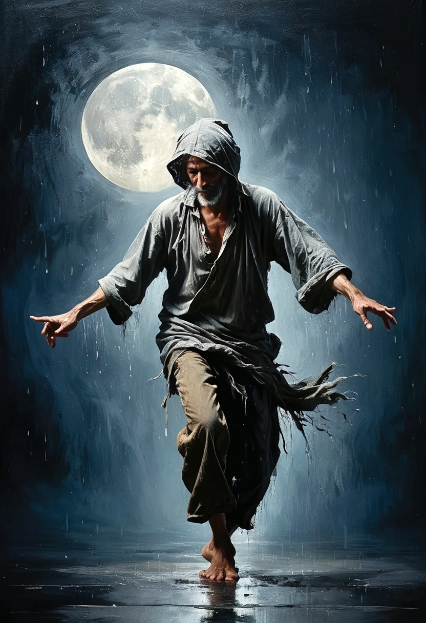 Soul Dancer Mark,A homeless man dancing alone in the moonlight and rain,Barefoot,Loose and worn clothes,Professional Action,Very contagious,Splash,Light and Shadow,Minimalism,artistic conception,Clean background