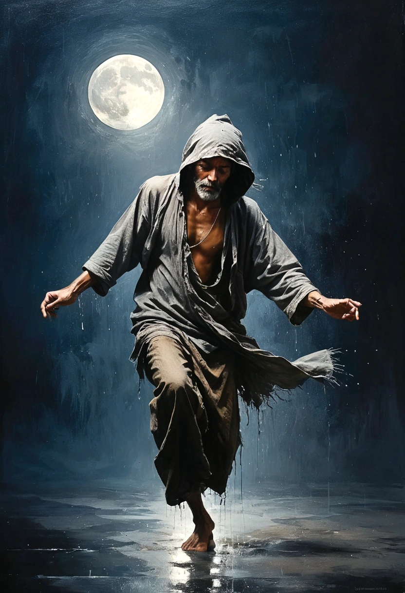 Soul Dancer Mark,A homeless man dancing alone in the moonlight and rain，Barefoot，Loose and worn clothes，Professional Action，Very contagious，Splash，Light and Shadow，Minimalism，artistic conception，Clean background