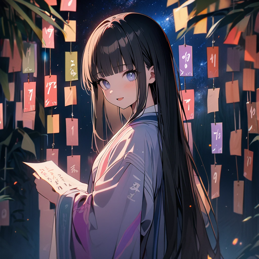 (8K, best quality, master piece: 1.2), super high resolution,1 girl,solo,16yo,ultra-detailed face,detailed eyes,black hair,blunt bangs,Straight hair,Long hair,light smile, open mouth,Hanfu,The girl holding a strip of paper with the number "777" written on it,Tanabata Festival, Milky Way, night view, rim light,large tall bamboos and colorful hanging decoration