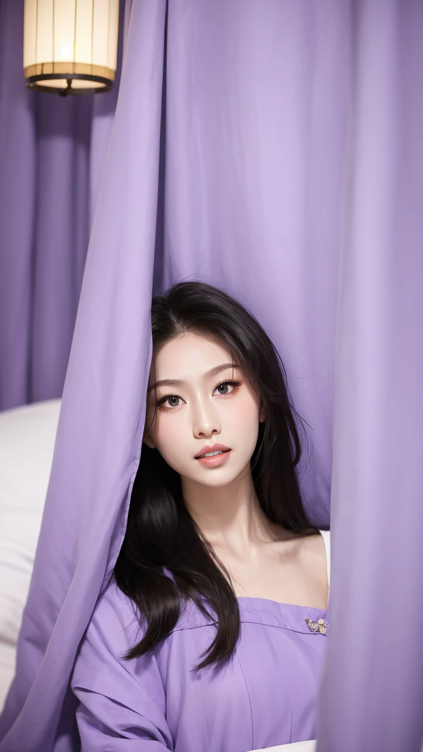 1 fashion model 18 years old [[[[close up]]]], [[[[neck]]]], [[[[Shoulder]]]], Perfect eyes, Perfect Iris，Perfect lips，Perfect Teeth，Perfect skin，White skin，Soft headlight，High-density imaging，Black long hair，（Clean and delicate face），((Simple lavender casual wear))，((night))，((Various dynamic poses))，((The background is the bedroom))，best quality，masterpiece，（Soft colors：1.2）