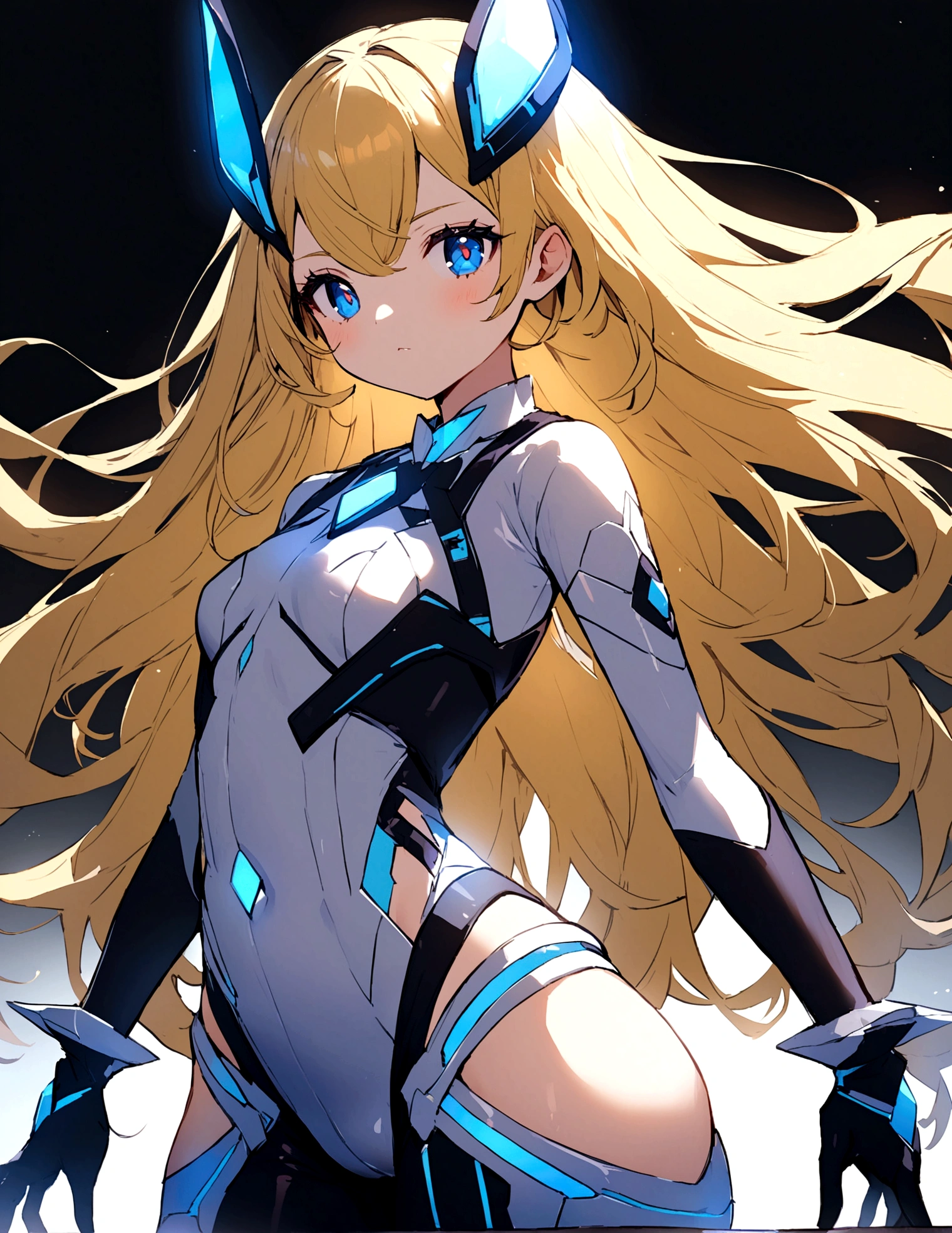 a futuristic magicalgirl, blond long hair, blue eyes, wearing a clearly futuristic magicalgirl outfit that fits rather tight