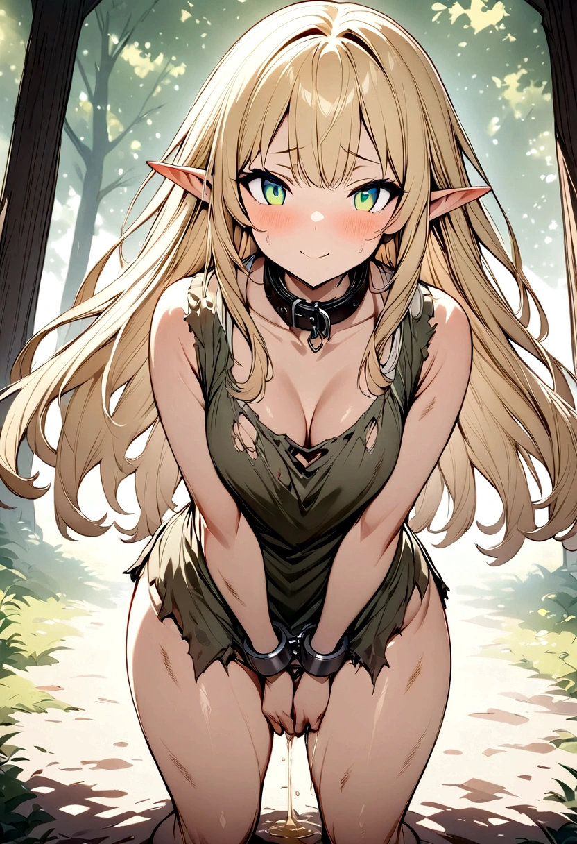 Anime. 1 girl. Elf. . Slave. Blonde. Long hair. Green eyes. Beautiful eyes. Slave collar Shackles. Dirty tunic. Torn tunic. Dirty panties. Torn panties. Urinary incontinence. I need to pee. I really desperately want to pee. She pees under herself. She pees in her panties. She peed herself. Urine drips down my thighs onto the ground. Hands on crotch. He squeezes his crotch tightly. Ultra detailed. Best quality. Detailed face. Anatomically perfect body. Standing at full height. A high resolution.