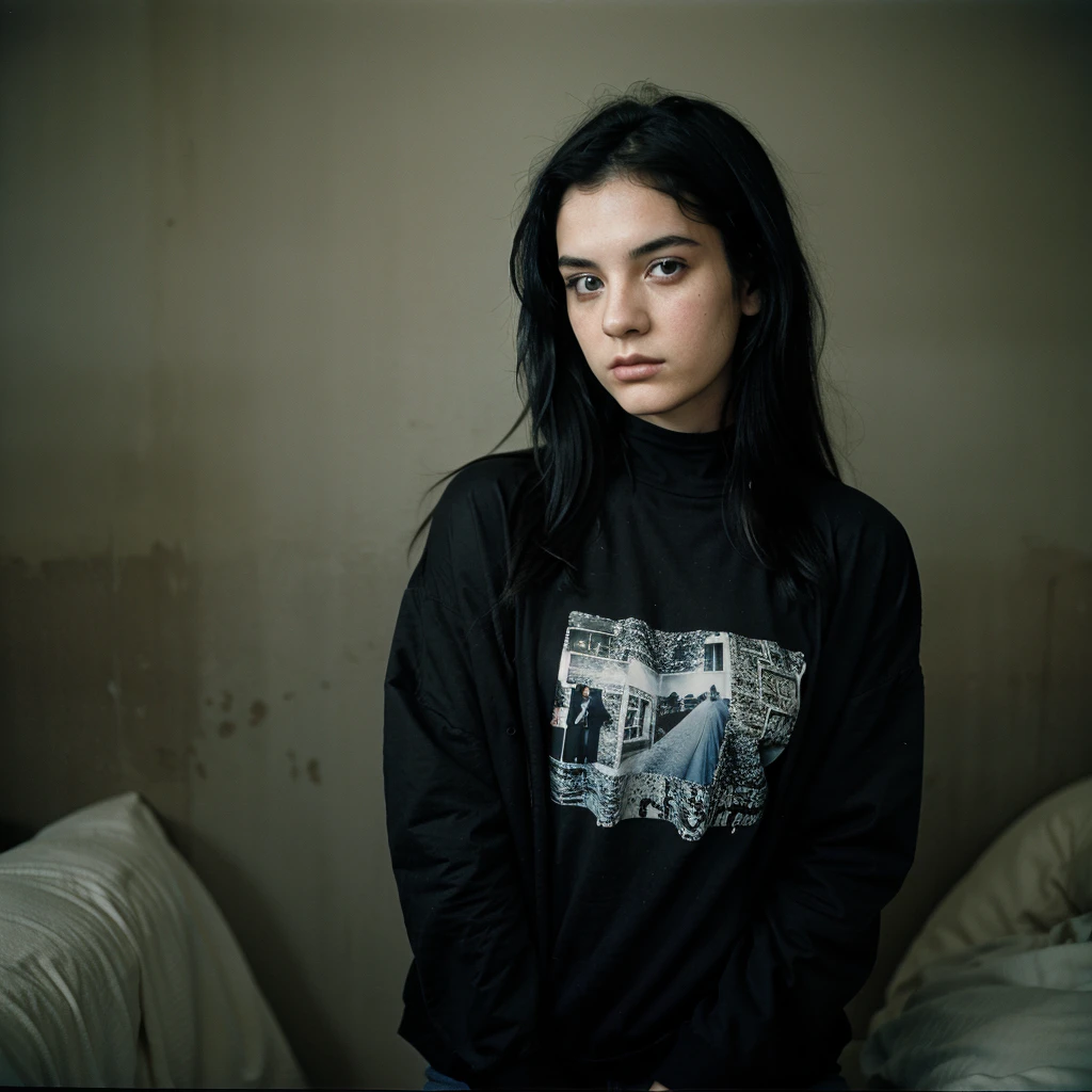1980s Kodak photo of a young 25 year old rock girl with black
hair , blue eyes ,wearing Black rock clothes , skin home
, photography by nan goldin, faded, film grain, cross processed image
