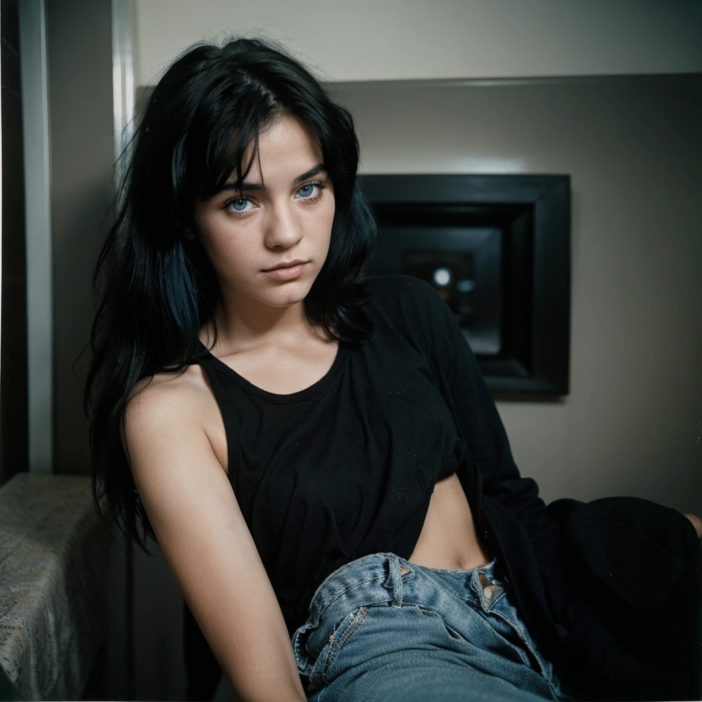 1980s Kodak photo of a young 25 year old rock girl with black
hair , blue eyes ,wearing Black rock clothes , skin home
, photography by nan goldin, faded, film grain, cross processed image
