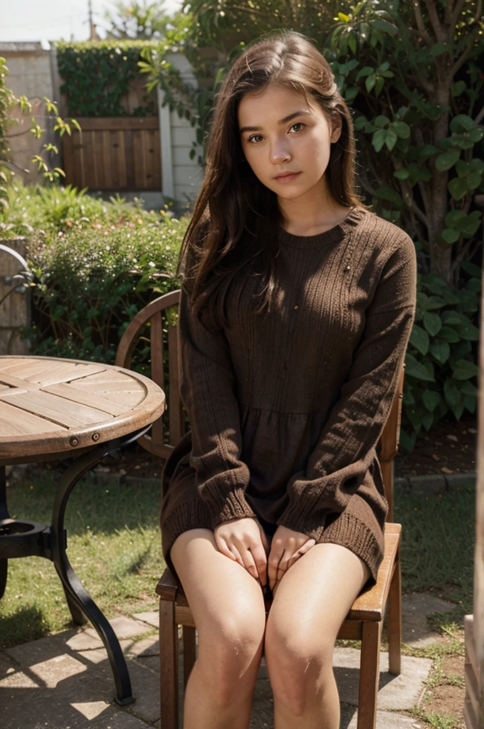 girl 20 years old sitting on chair, round table, front yard, brown knitting short dress, plants, fence, port car,