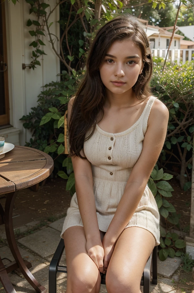 girl 20 years old sitting on chair, round table, front yard, brown knitting short dress, plants, fence, port car,