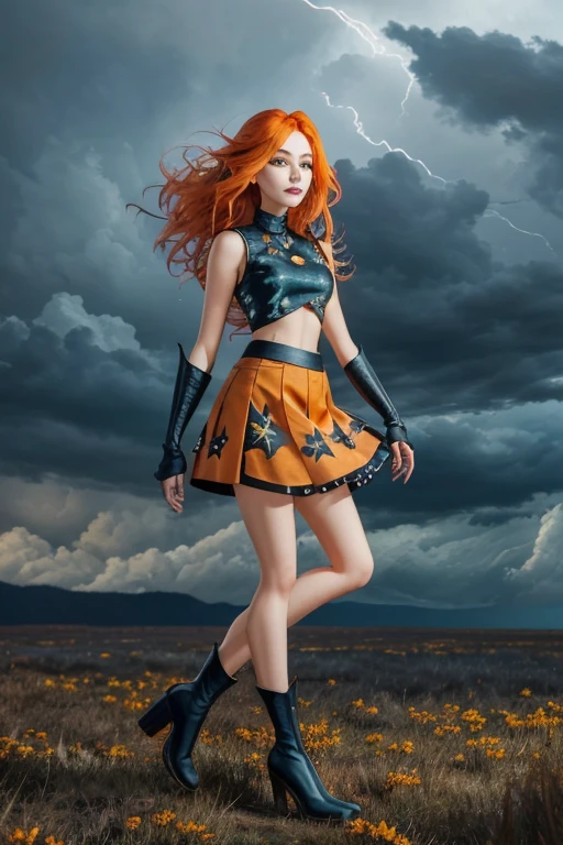 1 girl, Alone, ((lamentable)),Dark flowering, Orange hair, yellow eyes, Boots, black skirt, gloves, black shirt, Alas, bright clothes, Masterpiece, Best Quality, tweak_pretty eyes:0.8 with a storm in the background, flock of migratory birds passing by