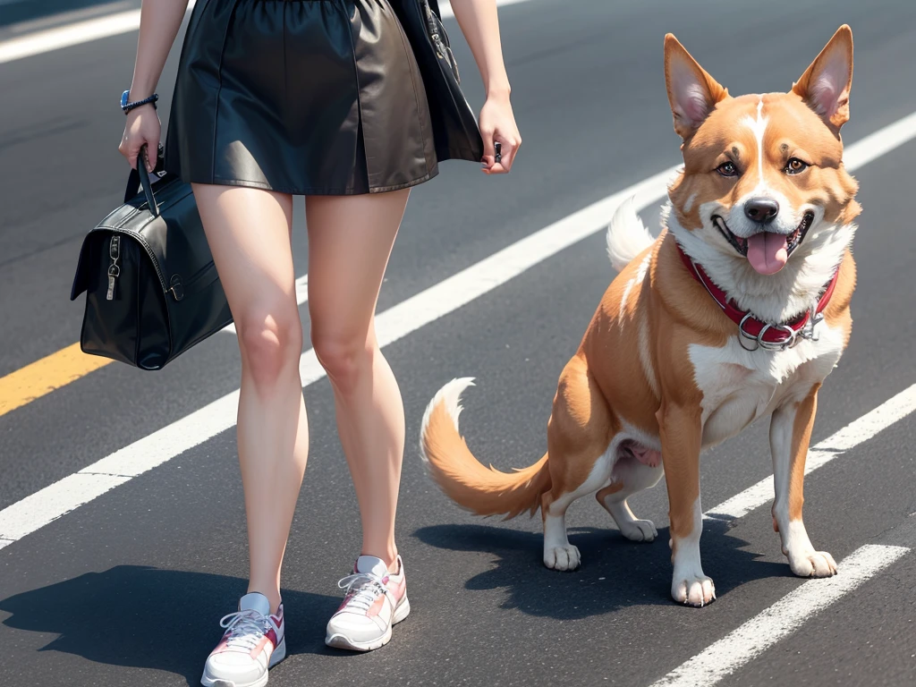In the heat of the day、A dog is walking a person on the asphalt。Dog smiling。People are putting on fake smiles。
The asphalt is very hot、Burns on the limbs