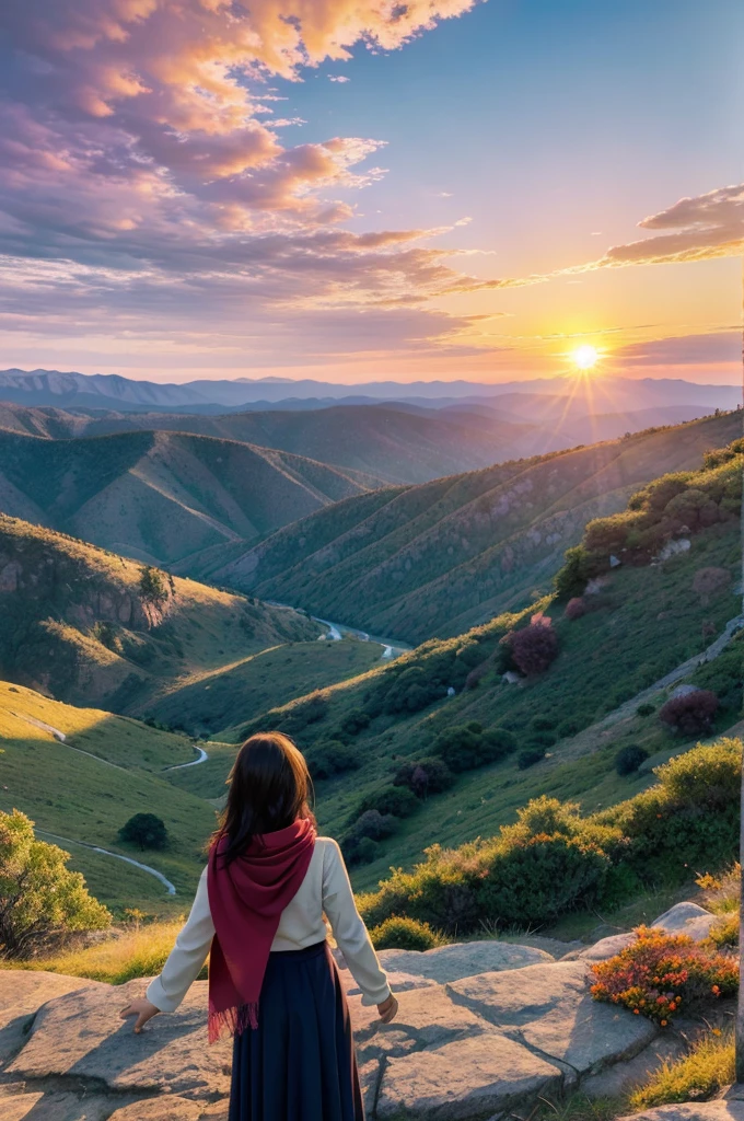 A lone traveler with a red scarf stands on a precipice overlooking a breathtaking vista of rolling hills, a shimmering lake, and an ethereal sky ablaze with vibrant hues of blue, pink, and orange. The sun bathes the scene in a warm glow, casting long shadows across the land. Anime style, highly detailed