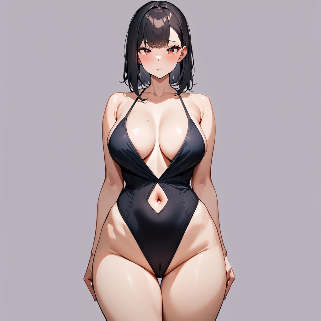 nsfw,slip,1 girl,Solo,(high-leg_one-piece_swimsuit),sidecut,black hair,red eyes,Tsurime,Curvy,Wedgie, plunging neckline,masterpiece, best quality, very aesthetic, absurdres,navel,straight-on