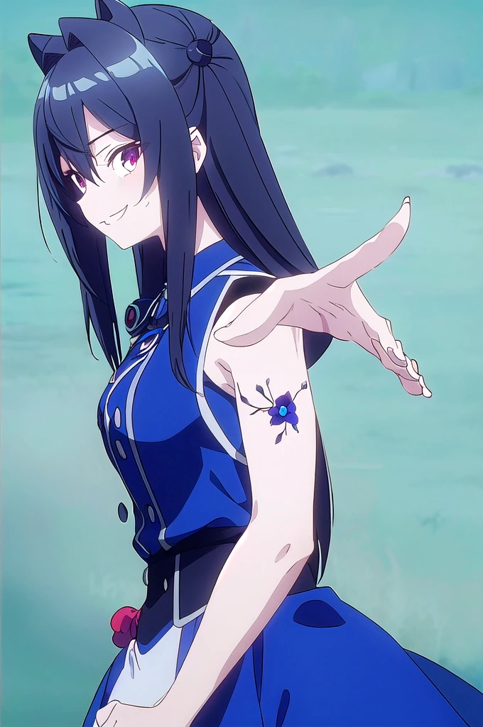 Blueberries girl,long dark blue hair,twintails,wicked smile,blue flower on her hand,blueberry on hair,very cinematic,deep pure forest background,perfect anatomy(((top quality)))