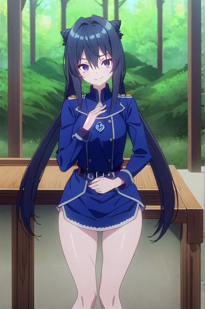 Blueberries girl,long dark blue hair,twintails,wicked smile,blue flower on her hand,blueberry on hair,very cinematic,deep pure forest background,perfect anatomy(((top quality)))