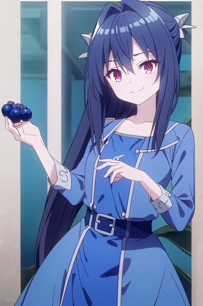 Blueberries girl,long dark blue hair,twintails,wicked smile,blue flower on her hand,blueberry on hair,very cinematic,deep pure forest background,perfect anatomy(((top quality)))