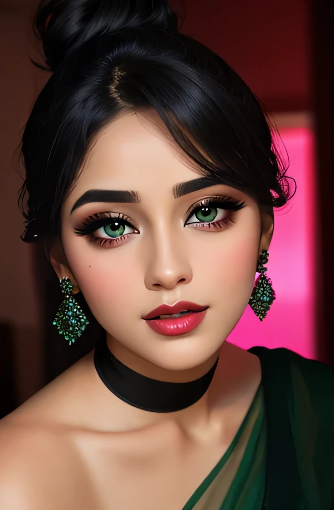 Amazing portrait of a sexy woman with a beautiful face emphasized by amazing makeup and beautifully detailed eyes with perfect lips wearing her black hair in a messy bun blushing intensely as she's flustered and lustful wearing some elegant earrings and a black blouse paired with a sheer dark green saree making her look hot with vibrant colors and soft lighting