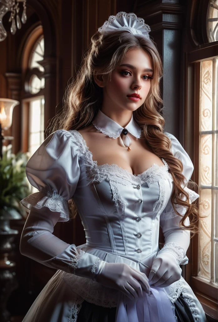 Maid Outfit, a beautiful maid with long flowing hair, detailed eyes, detailed lips, extremely detailed face, long eyelashes, intricate maid uniform with lace and ribbons, holding a feather duster, standing in a luxurious victorian-style room, window light, dramatic lighting, cinematic composition, highly detailed, photorealistic, 8k, masterpiece