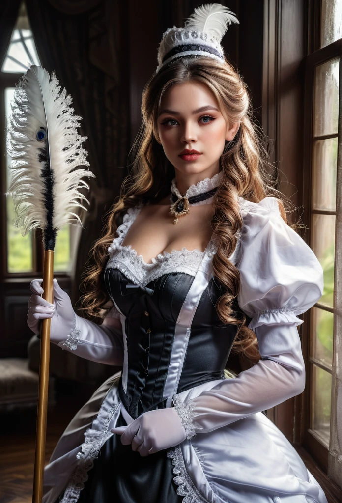 Maid Outfit, a beautiful maid with long flowing hair, detailed eyes, detailed lips, extremely detailed face, long eyelashes, intricate maid uniform with lace and ribbons, holding a feather duster, standing in a luxurious victorian-style room, window light, dramatic lighting, cinematic composition, highly detailed, photorealistic, 8k, masterpiece