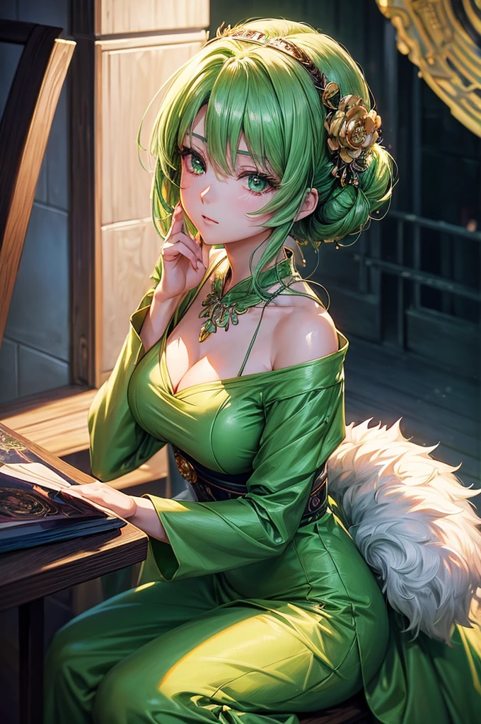 8k, masterpiece, best quality, highly detailed, 1 girl, tiefling, warlock, multicolored hair, very short straight hair green highlight hair on white hair, strippled hair, wearing glasses, round glasses, earrings, red eyeshadow, long eyelashes,navel piercing, blushed cheek, necklace, collarbone, mole, glamorous, purple and teal clothing, villainy, smirk, seductive face, close up view, rings, looking at viewer, demon horns, solo, chinese dress, ballroom, palace, blue pale moon, sitting,