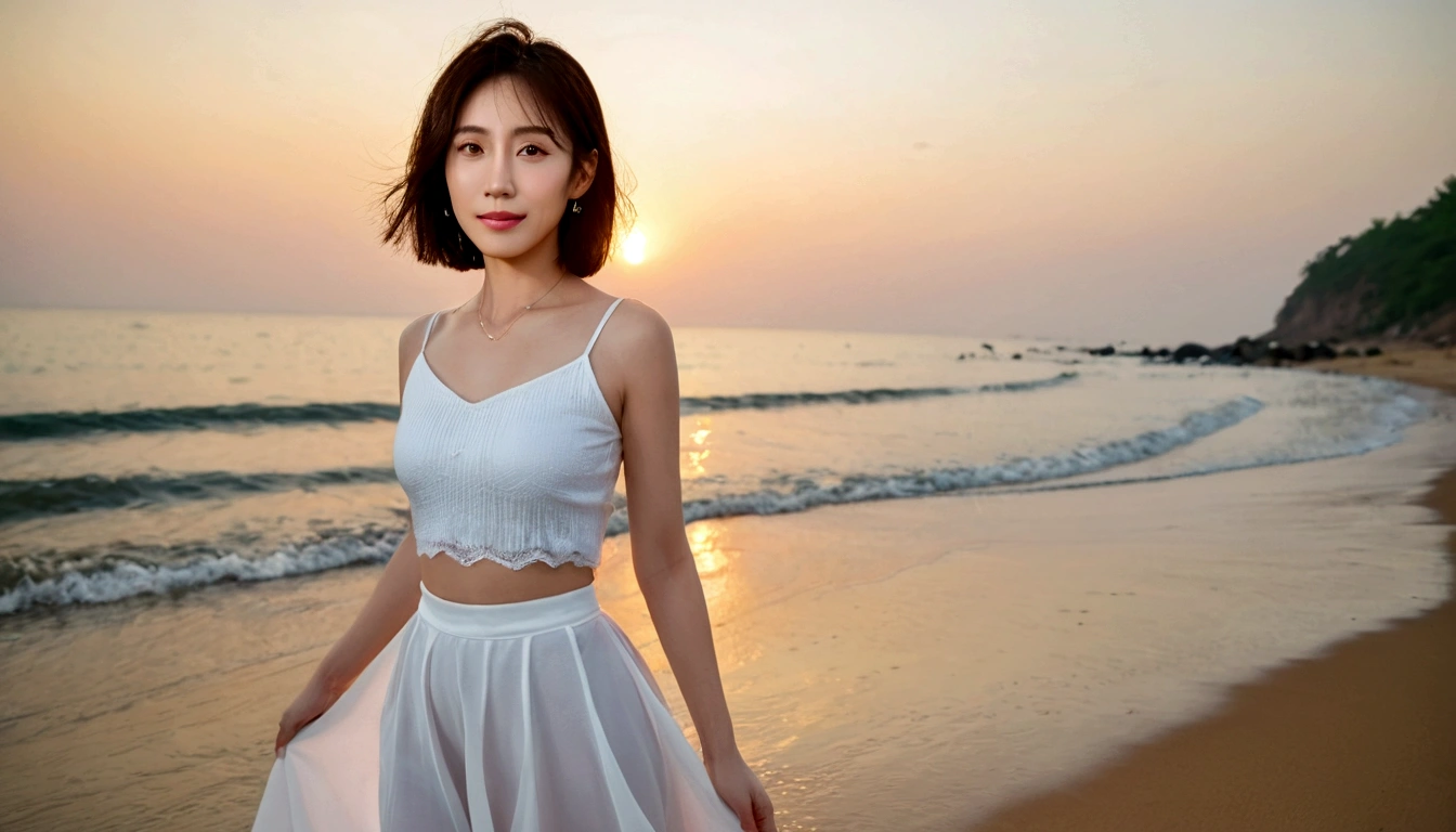 sunset on the beach，바다에 잔광이 비치네sunset on the beach 붉은 태양，A strong lingering scent is reflected in the sea., Beautiful 46-year-old short Korean woman, Chest size 34 inches, Wear sleeveless, white light skirt. beautiful pretty woman look , wearing a light skirt , Go far into the sea water and dip your toes., Short medium hair blowing in the wind, 1 short woman, beautiful eyes, a little smile, Full-body photo taken from afar with a wide-angle lens, The background is clean and perfect., waves moved by the wind, best high definition