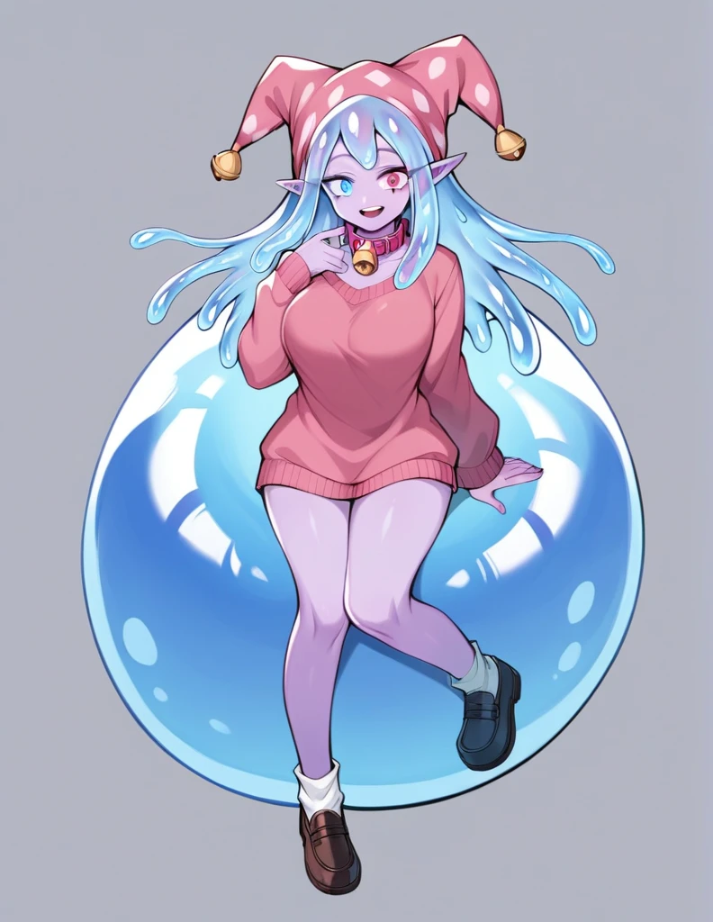 score_9, score_8_up, score_7_up, score_6_up, score_5_up, score_4_up, source_anime,1Girl, Opal is a slime girl, she has pointy elf ears, and short pink tentacle hair, she has pinkish purple skin covered in pink and blue slime, she has Heterochromia iridum, her left eye is pink, and her right eye is blue, Opal wears crop tops, and , she wears socks with ruffles on them, her shoes are black maryjanes, she wears a headscarf, she has fairy wings on her back that are just now sprouting out, the slime is shiny, and sticky, she can control it, as well as the tentacles in her hair at will. 4’9, . , my hero academia, tentacles, school, depth of field, LUT, detailed, beautiful, cute slime girl. My hero academia school, Tentacle tail, Full body shot, , curvy, mature, Tentacle hair.  pink jester hat, with bells. Pink sweater, pink miniskirt.