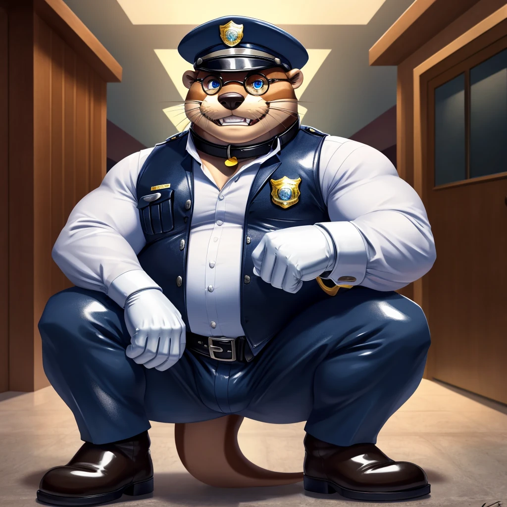 Male, fat, squatting, extremely obese, gentleman, dapper Otter with a large penis and testicles, ejaculating extreme amounts of sperm from the penis, blue eyes, (soft shading), 4k, hi res, ((detailed face, detailed)), looking at viewer, evil grin, police station, collared shirt with buttons, hat, male focus, Police Uniform, glasses, monocle, vest with buttons, sleeves rolled up, round eyewear, headwear, vest, Otter is wearing a glossy leather dog collar around the neck, Otter is wearing the leather collar and shirt and vest at the same time, Otter is wearing glossy white rubber gloves on the hands, wearing white rubber gloves on the feet, Otter is wearing glossy white cuffs around the wrists with cufflinks, gloves are rubber in texture, clenching teeth, clenching fists, leather collar is glossy and shiny with a lot of detail, Otter is wearing gloves and cuffs and cufflinks at the same time, leather collar has a round dog-tag, leather collar is thick and detailed, white rubber gloves on the feet, sperm is sticky in texture. A Second Otter with the same attire, helping the fat Otter ejaculate sperm from his penis, Second Otter is rubbing the fat Otter's Penis, Second Otter is wearing glossy white rubber gloves on the hands and feet, Second Otter is wearing a glossy leather dog collar around the neck, second Otter is wearing the leather collar and vest and shirt at the same time.