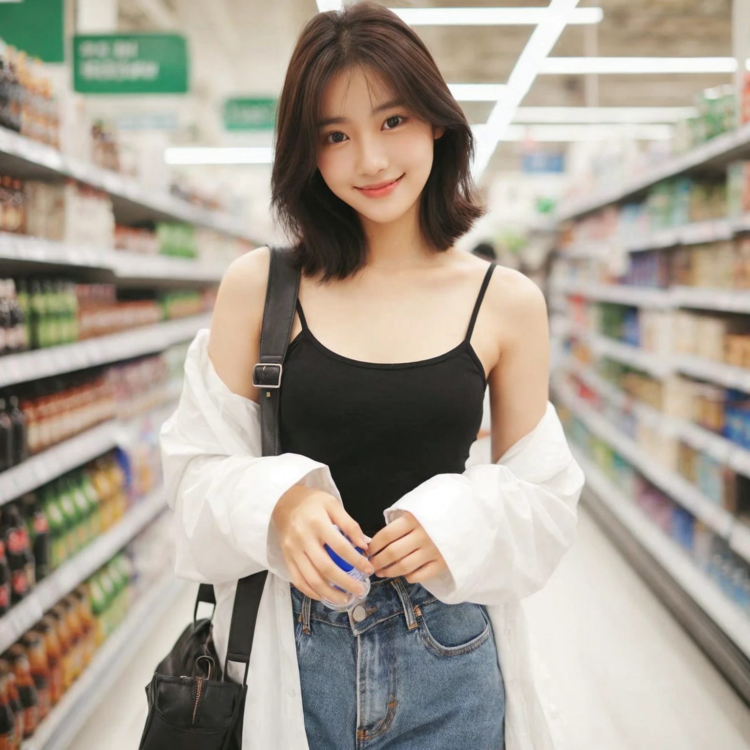 A young korean woman standing at supermarket. Pair a black tank top with an oversized white shirt as outerwear and denim shorts, Medium Chest Size, Pose as if you are choosing a drink, accessorized with a small shoulder bag. cheerful and relaxed atmosphere of the scene. dont look at camera, realistis photo