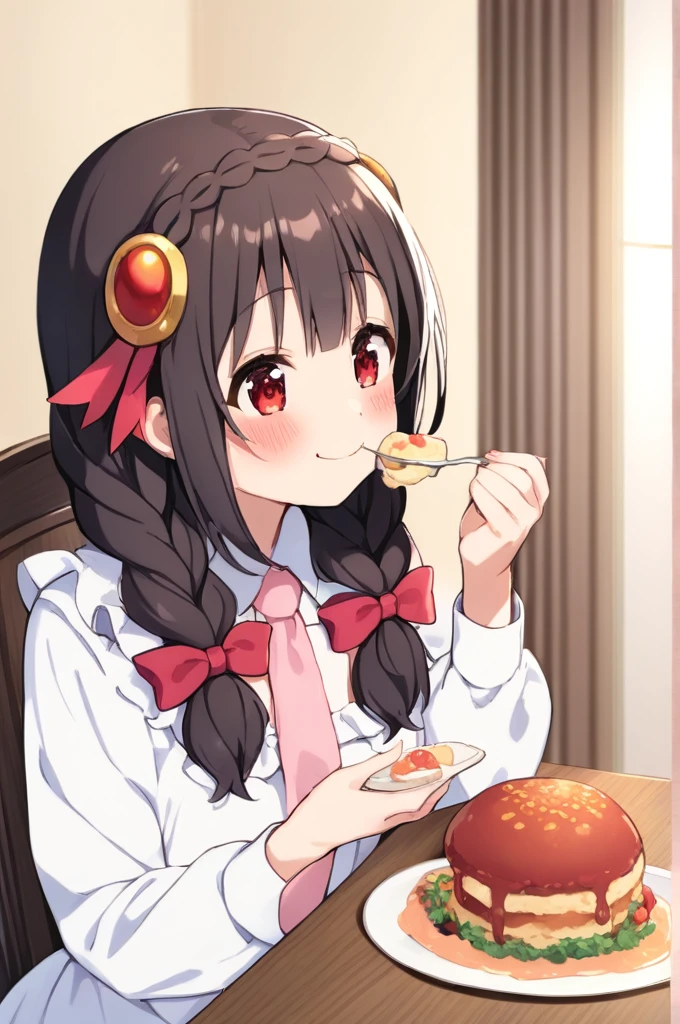 alone, One girl、Crown braids in the same color as your hair, hair ornaments, Hair Ribbon, Pink tie, (White dress)、Red Eyes、Black Hair、(blush:1.2)、Eating delicious food in the dining room、Sitting、smile