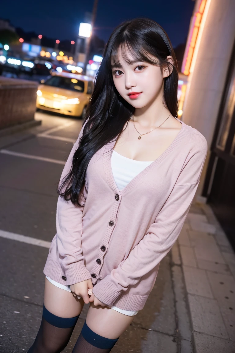 (8K), (highest quality: 1.2), (realistic), (realistic: 1.37), ultra high resolution, (1 girl, cute, smile, closed mouth, thick lips,red lip,beautiful details, beautiful nose, (straight black hair), giant dulcefo, self snap,(school uniform),(pink cardigan),white shirt,tie,check pleated skirt,(Blue knee-high socks),Standing in the city at night, From above,close up of face,thin necklace,(medium shot:1.2),