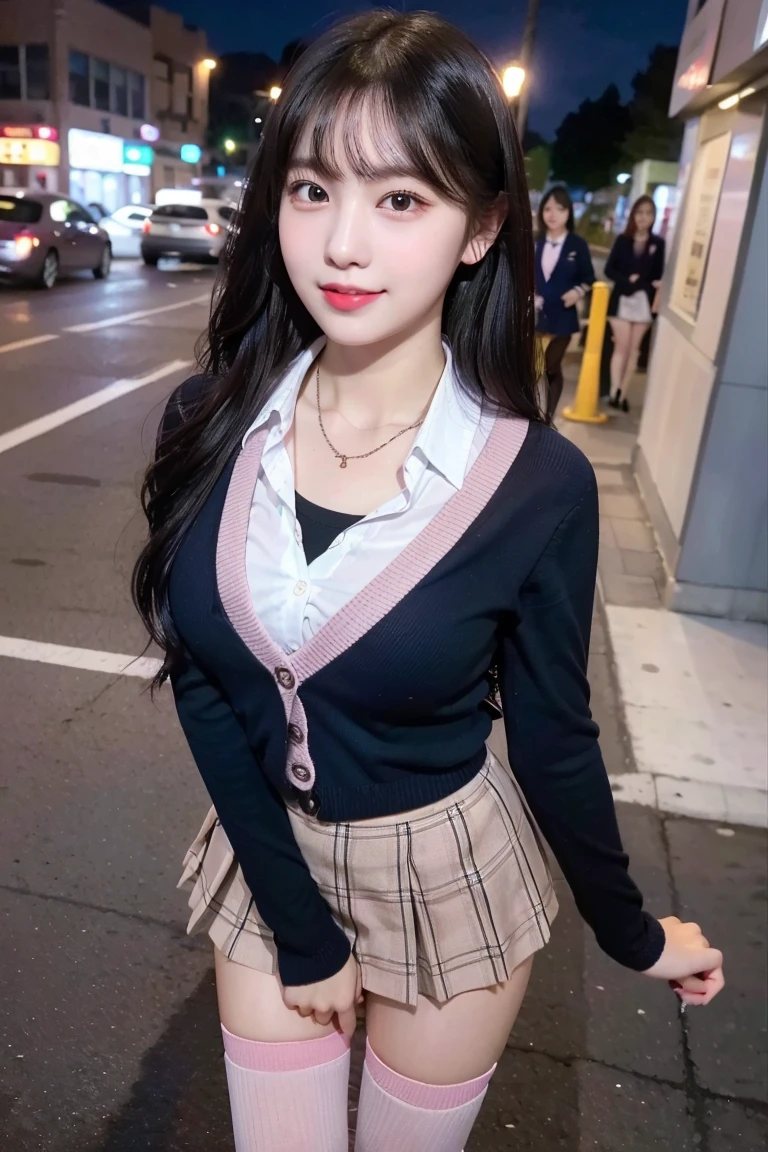 (8K), (highest quality: 1.2), (realistic), (realistic: 1.37), ultra high resolution, (1 girl, cute, smile, closed mouth, thick lips,red lip,beautiful details, beautiful nose, (straight black hair), giant dulcefo, self snap,(school uniform),(pink cardigan),white shirt,tie,check pleated skirt,(Blue knee-high socks),Standing in the city at night, From above,close up of face,thin necklace,(medium shot:1.2),