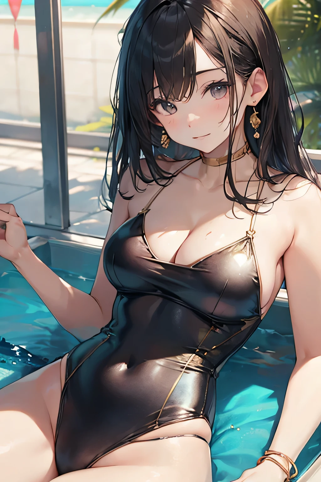 Realistic depiction、(:1.9)、Smooth and shiny texture huge bust enamel gold swimsuit