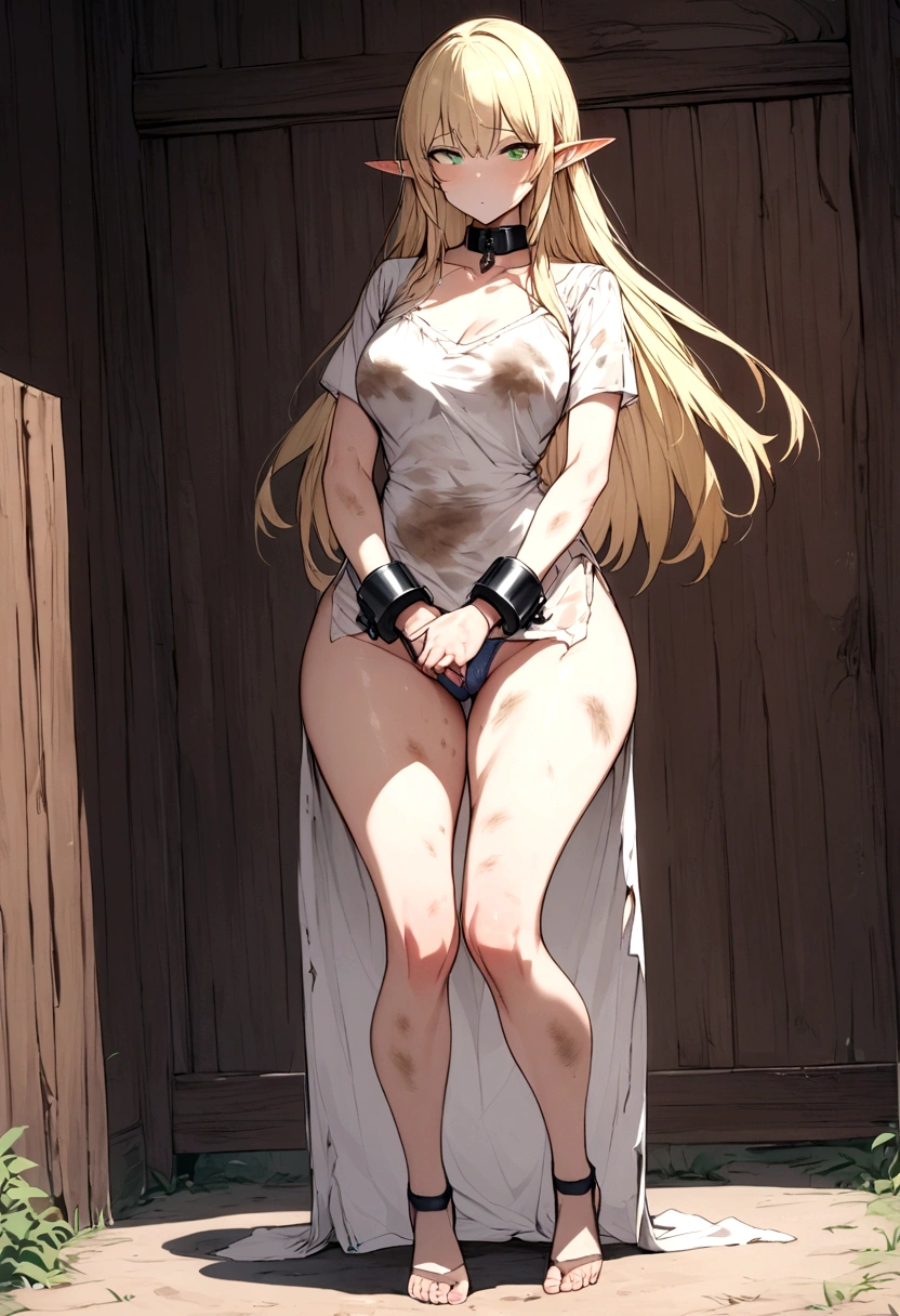 Anime. 1 girl. Elf. . Slave. Blonde. Long hair. Green eyes. Beautiful eyes. Slave collar Shackles. Dirty tunic. Torn tunic. Dirty panties. Torn panties. Urinary incontinence. I need to pee. I really desperately want to pee. She pees under herself. She pees in her panties. She peed herself. Urine drips down my thighs onto the ground. Hands on crotch. He squeezes his crotch tightly. Ultra detailed. Best quality. Detailed face. Anatomically perfect body. Standing at full height. A high resolution.