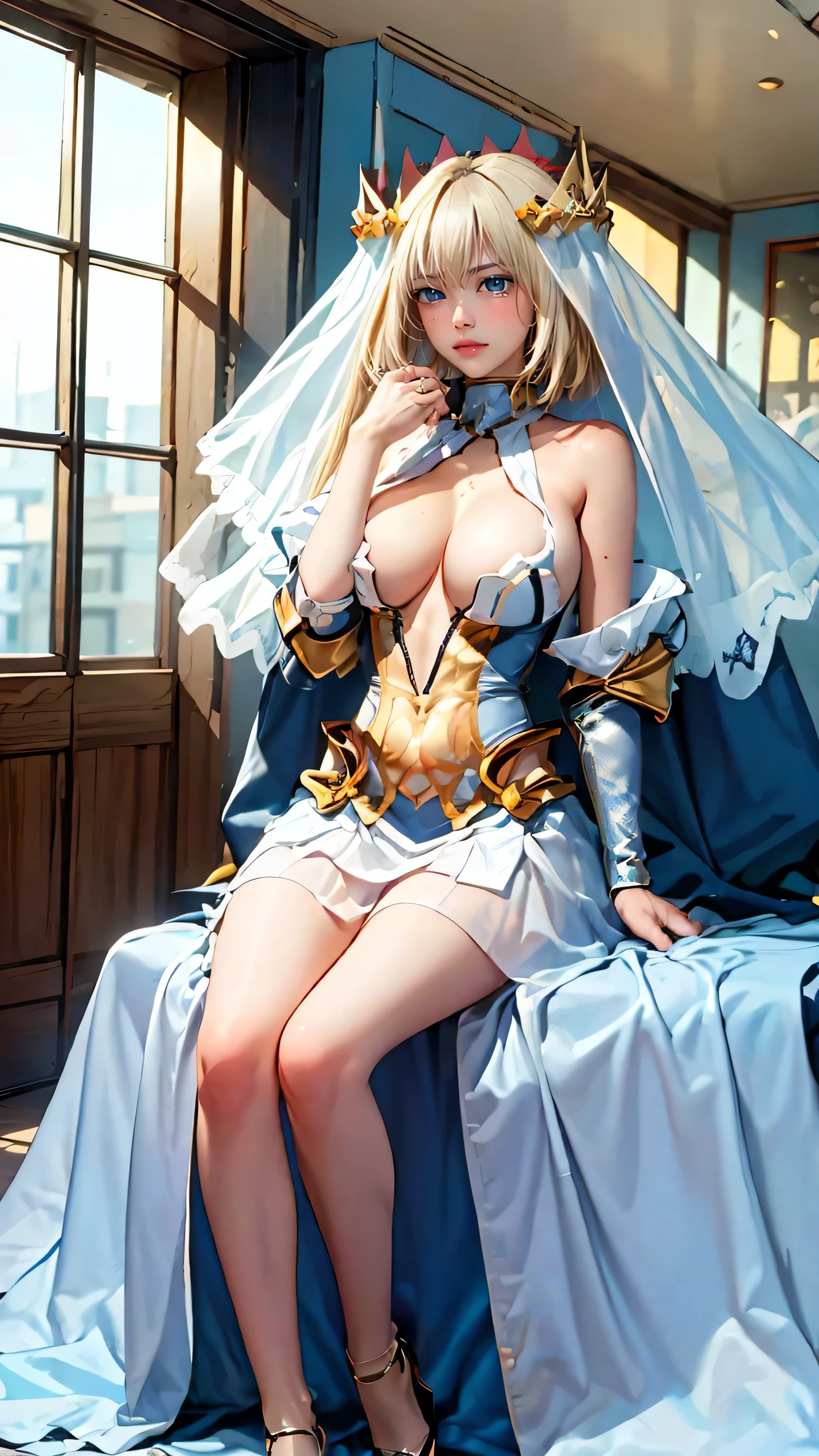 Best quality, masterpiece, ultra high res, raw photo, beautiful and aesthetic,deep shadow, dark theme,(ultra detailed:1.3),
1girl, sitting pose, Headdress, (beautiful face, detailed eye:1.2), embarrassed, (busty breasts, gigantic breasts:1.1), drill hair, long hair, blonde hair, gradient hair, yellow eyes, solo, big hair, blue hair, divine goddess, looking at viewer, indoors, royal palace, medieval bedroom, astraea, full body, (tobiichi origami angel:1.3), crown, veil, white garter