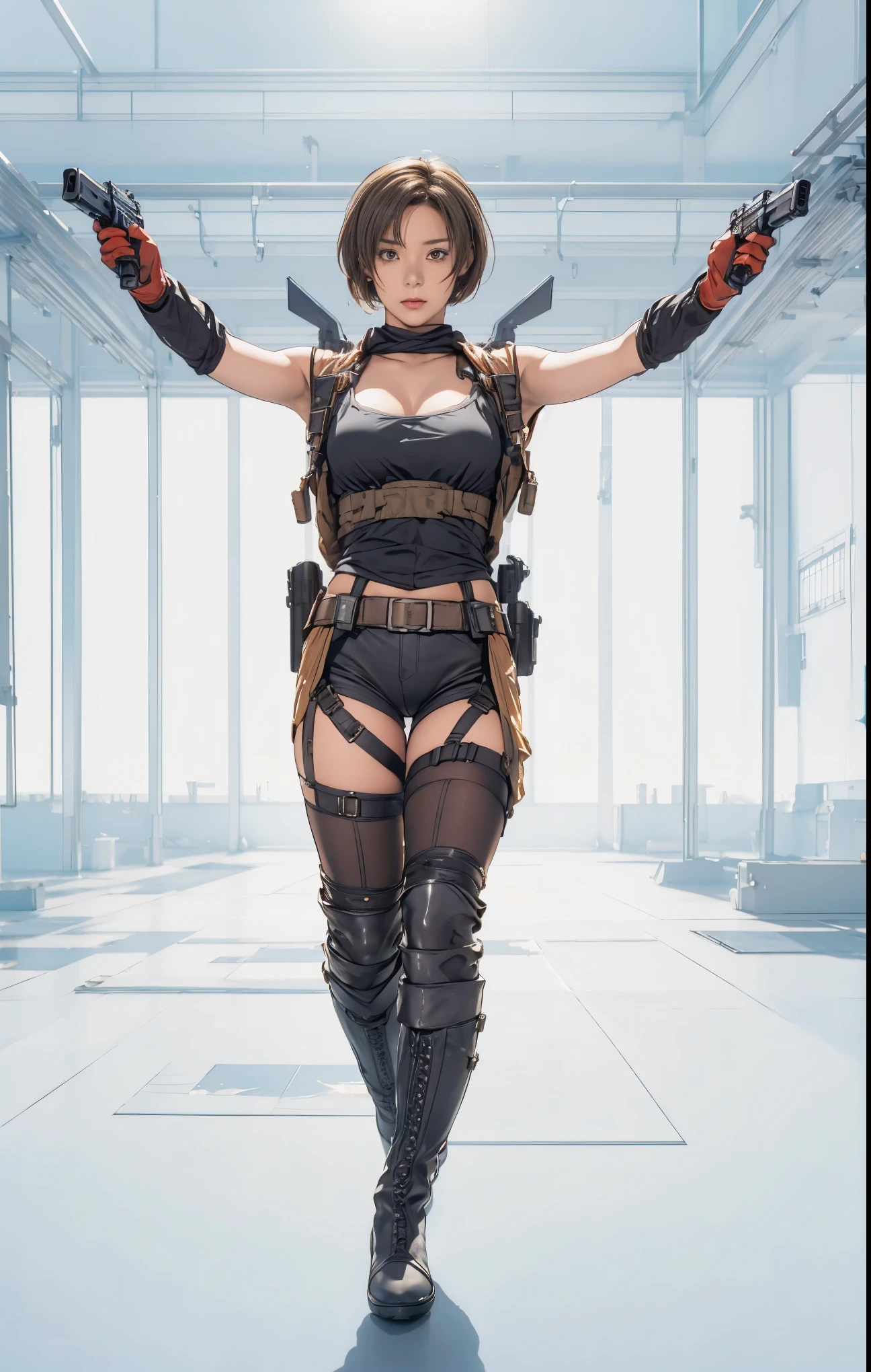 Elaizaikedareal, 1girl, solo, short hair, skirt, blonde hair, red eyes, gloves, ponytail, weapon, pantyhose, hairband, boots, holding weapon, gun, black pantyhose, rifle, one knee, sniper rifle, scope, shell casing