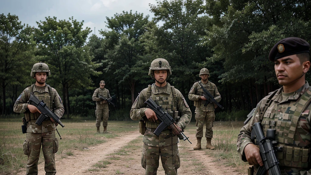 A group of soldiers carrying AK-47 rifles. The soldiers are dressed in military gear and appear focused and determined. They are standing in formation, ready for action. The background may include elements of a battlefield or a military base, adding to the intense and serious atmosphere of the scene.